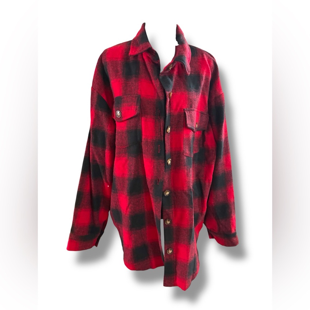 Charlie Paige Buffalo Plaid Fringe Shacket / Flannel Jacket – Red & Black – NWT